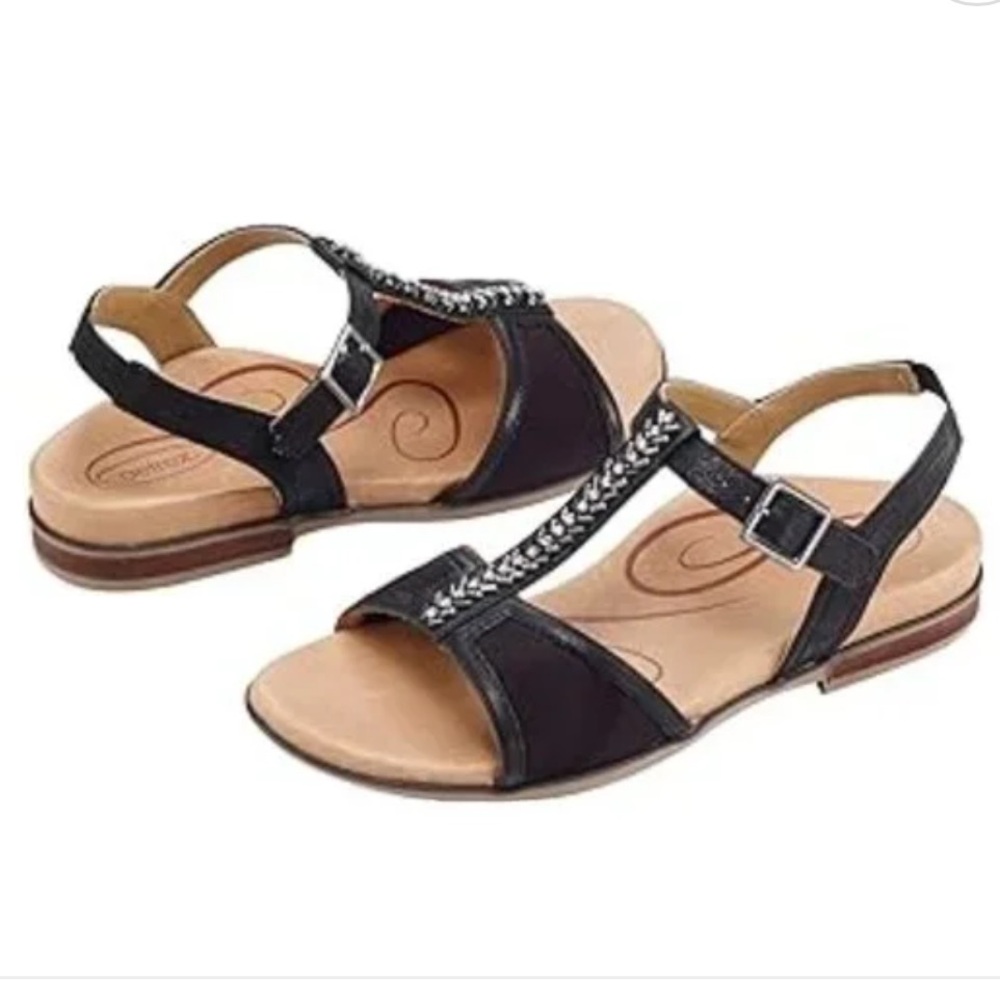 Aetrex Black Braided T-Strap Leather Sandals